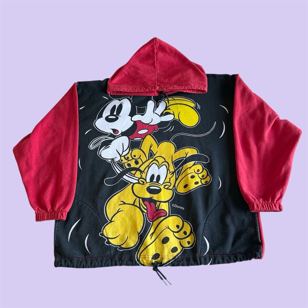 Vintage 90s Disney Mickey Mouse Pluto AOP Hoodie Sweatshirt Medium Red Black